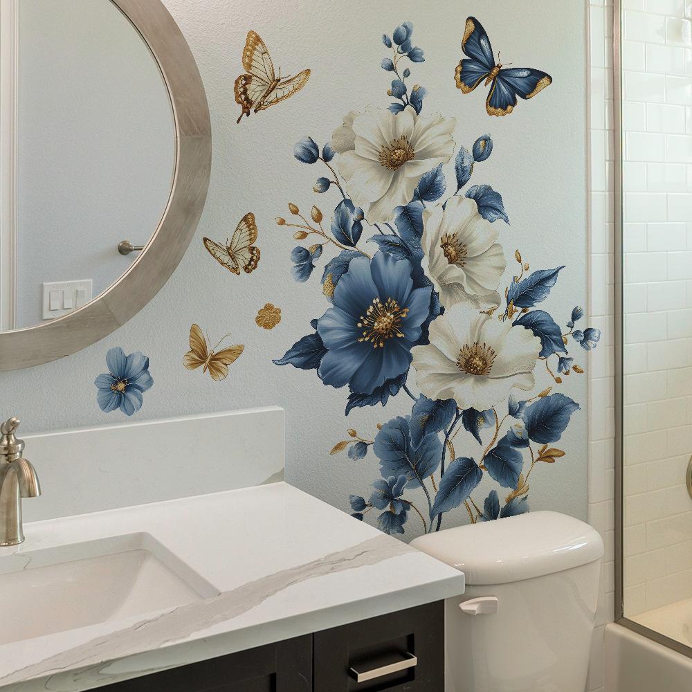1 Stück Kreative Blaue Blume Schmetterling Wandaufkleber Zimmer Schlafzimmer Wohnzimmer Zuhause Hintergrund Verschönerung Dekoration Aufkleber