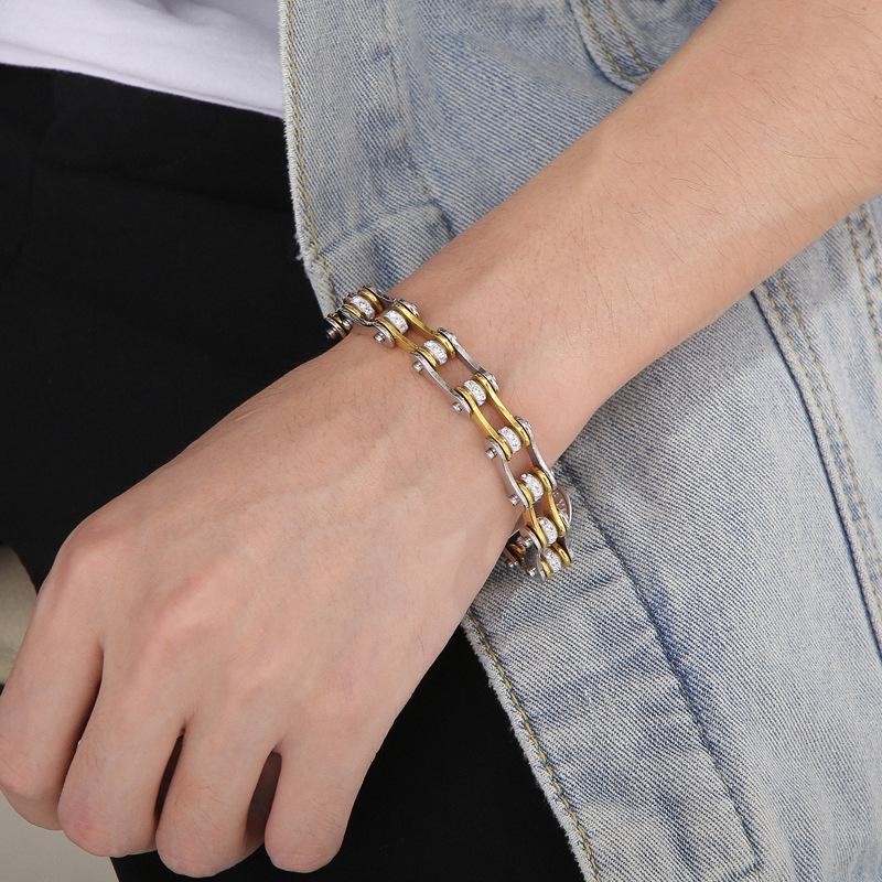 Chunky Stainless Steel Biker Bracelet For Men Women Hip Hop Inlaid Stone Bicycle Chain Bracelet High Quality Party Jewelry Gift