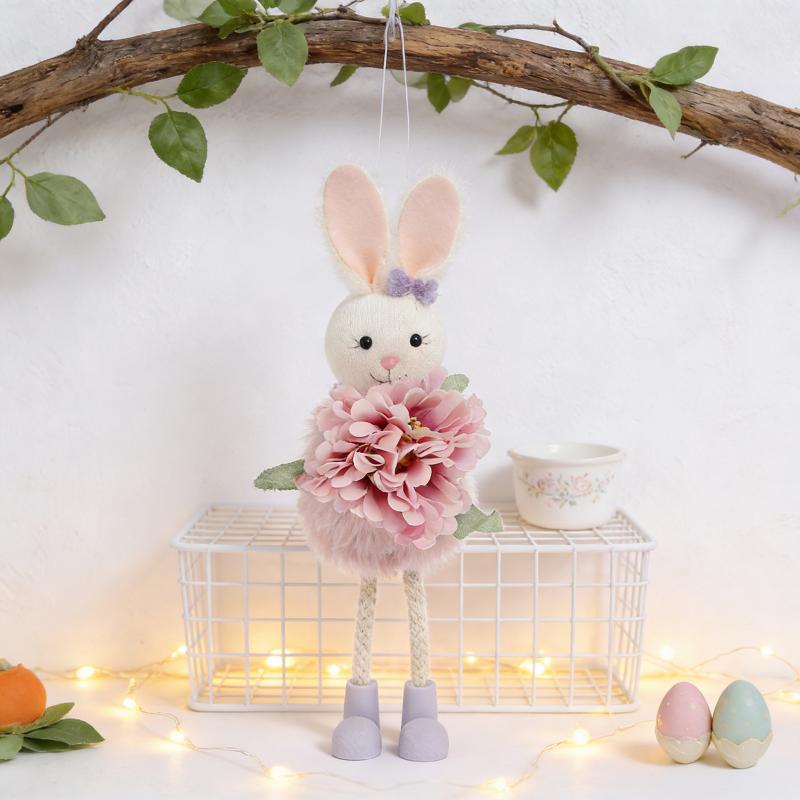 Easter Bunny Decor Cute Rabbit With Flower Hanging Ornaments For Tabletop Mantel Holiday Home Party Table Decorations Gift
