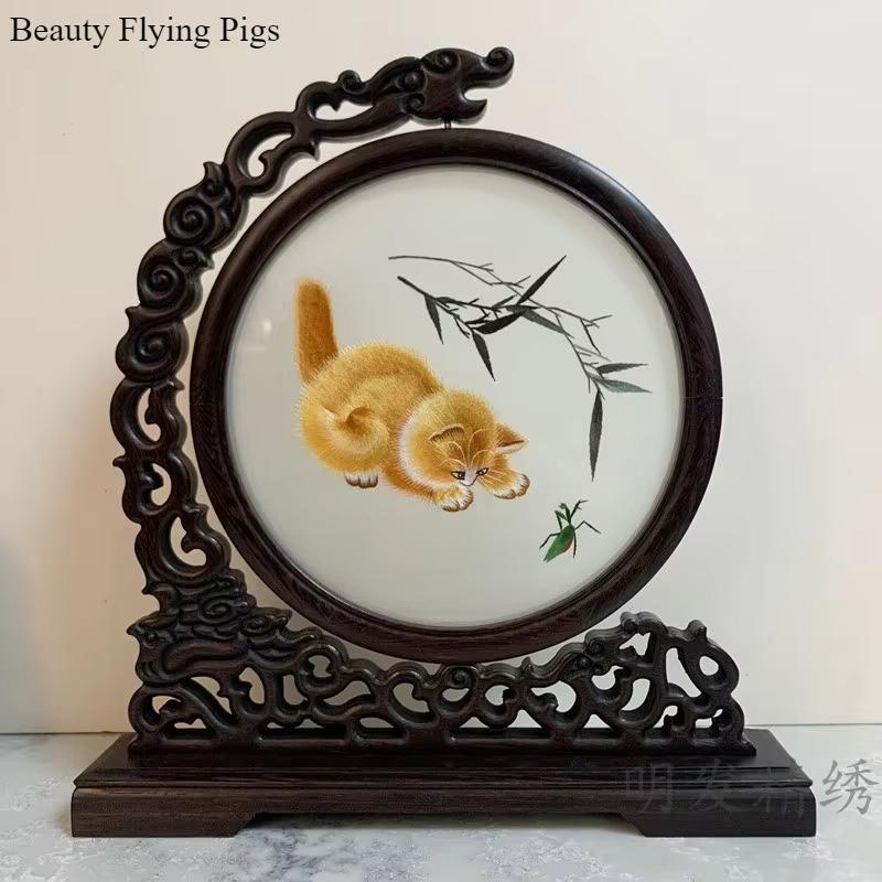 

1pc, Su Embroidery Ornaments, Chinese Embroidery Crafts, Double Sided Embroidered Ornament, Solid Wood Desktop Decoration