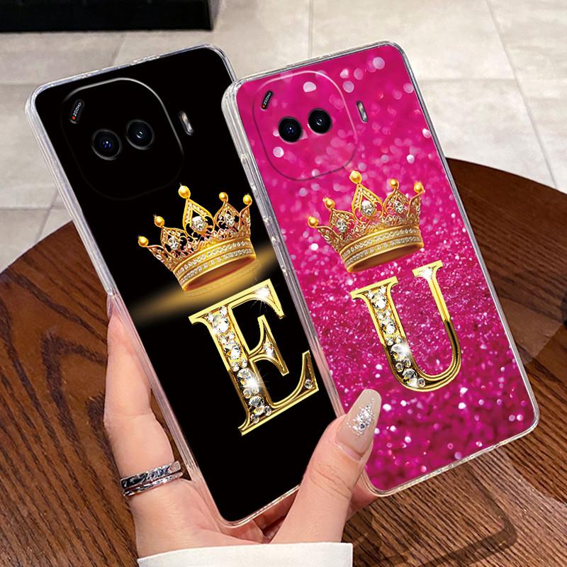 Shockproof Phone Case For Vivo iQOO Z11 Turbo Transparent TPU Soft Casing Luxury Lucky Initial Letter With Crown Couple Shell