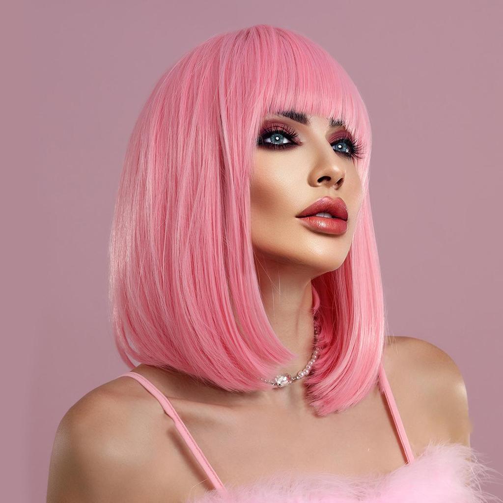 Women's Simulation Wig 36cm Hair Short Straight Wig Full Headgear Rose Hair Net Headdress Beauty Decoration Wig