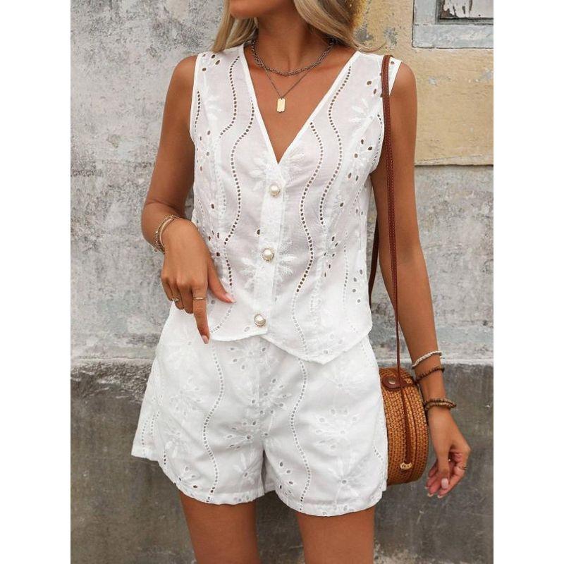 Tank Top and Shorts Set European and American French style Solid Casual Hollow out V-neck Vest Shorts Two-Piece Set
