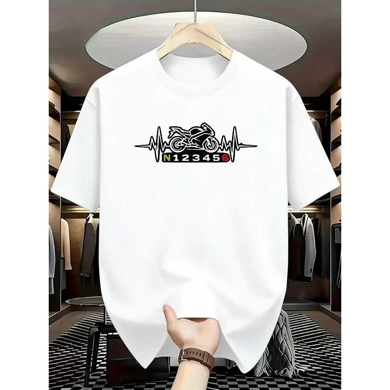 European Size Men'S Motorcycle Heartbeat Graphic Print Crew Neck T-Shirt | Soft Medium-Stretch, Regular Fit, Comfortable and Versatile