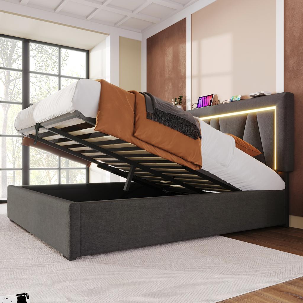 Upholstered LED Double Bed with USB Type C Charging and LED Lighting, Storage Bed Frame Linen Youth Bed 140x200 with Slatted Frame (Without Mattress)