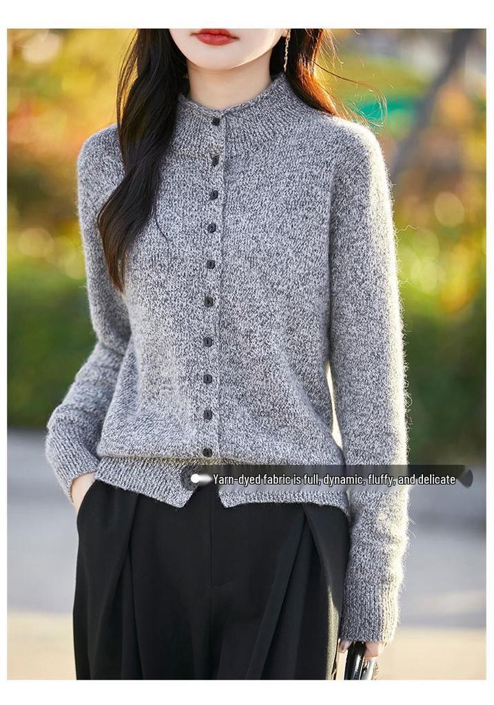 Women's Floral Wool Knit Cardigan - Semi-High Neck, Multi-Button Sweater for Autumn/Winter