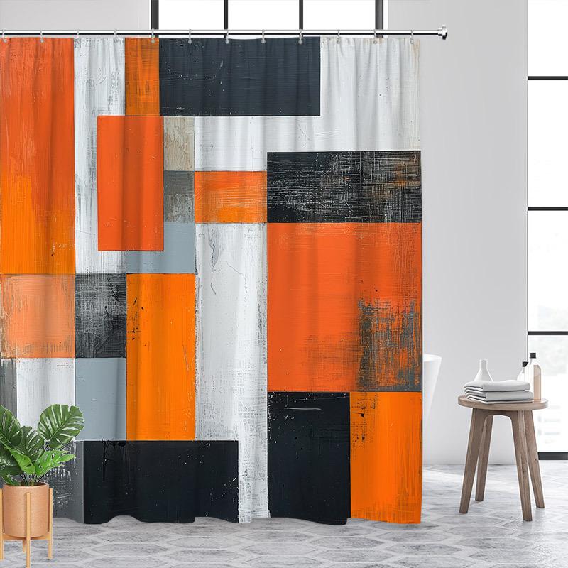 Geometrická sprchová závěs - Oranžový, černobílý vzor s patinovaným vzhledem, Moderní koupelnový dekor, Polyester