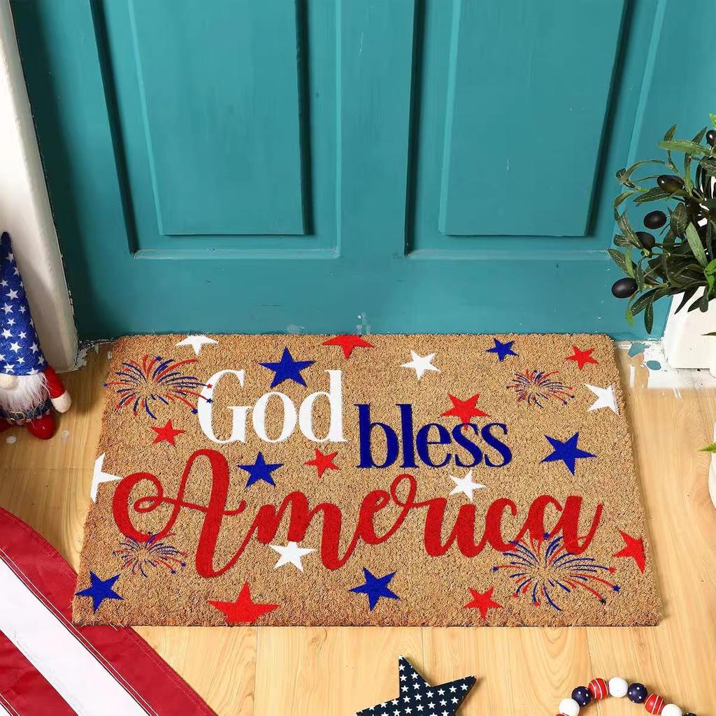 Door Mat Outdoor USA Red White Blue Welcome Rug Patriotic Mat Non-Slip Independence Day Freedom Memorial Day Indoor Entrance Outside Porch Front Decor