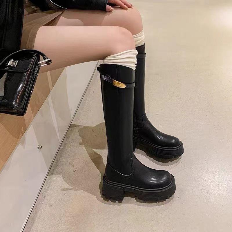 Thick-soled Small Man Velvet Metal Boots British Style Maillard Knight Boots Women's Tall Tube 2025 Autumn and Winter New Models