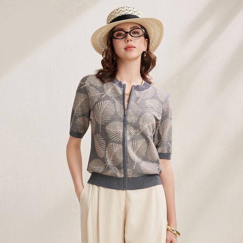 Zhaojun Women's Two-Tone Jacquard Zipper Knit Cardigan