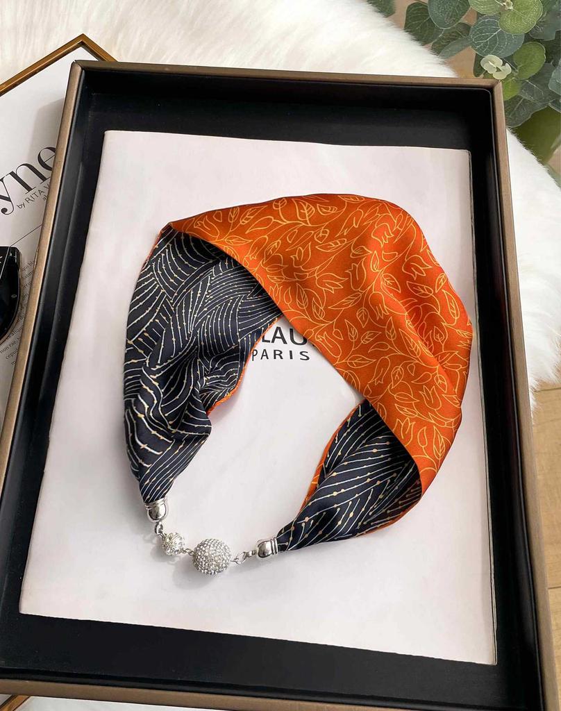 Magnetic Buckle Silk Scarf Headband Internet Celebrity New Magnetic Buckle Bracelet Small Long Women's Summer Casual Necklace Diamond Neck Band