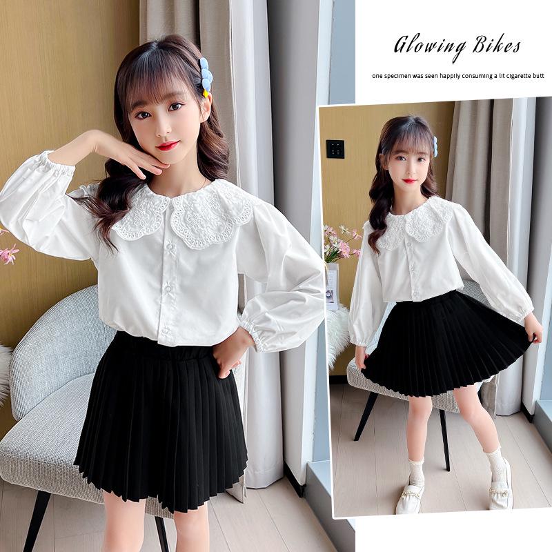 Spring/Summer 2025 College Style Long-Sleeve White Doll Collar Shirt for Girls