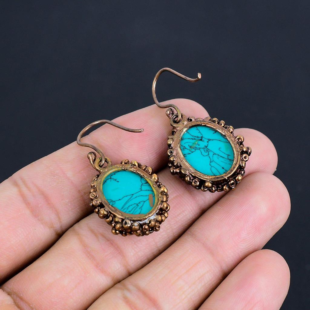 Tibetan Turquoise Earrings Gemstone Jewelry, Copper Electroformed Handmade Earrings, Latest Design Jewelry