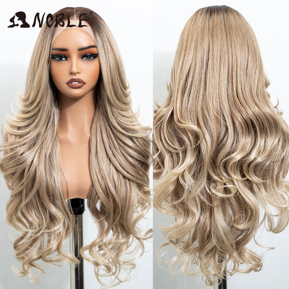 Noble Synthetic Lace Front Wigs For Women 28 Inch Curly Ash Blonde Highlight 13x4 Body Wave Silk Base Lace Wig Cosplay Daily Wig
