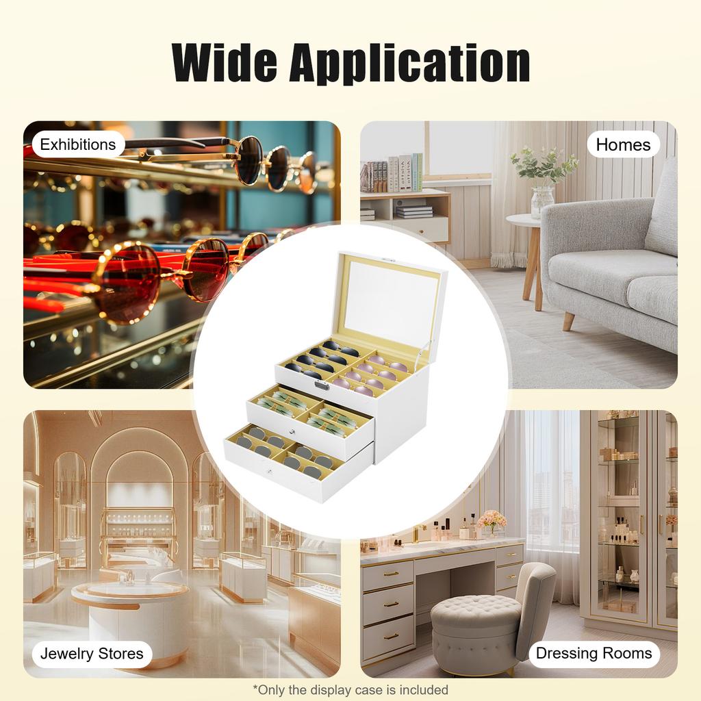 24-Slot Eyeglass Display Case with Lock, 3-Tier Glasses Jewelry Organizer Storage Cabinet with Glass Lid for Home Shop Office