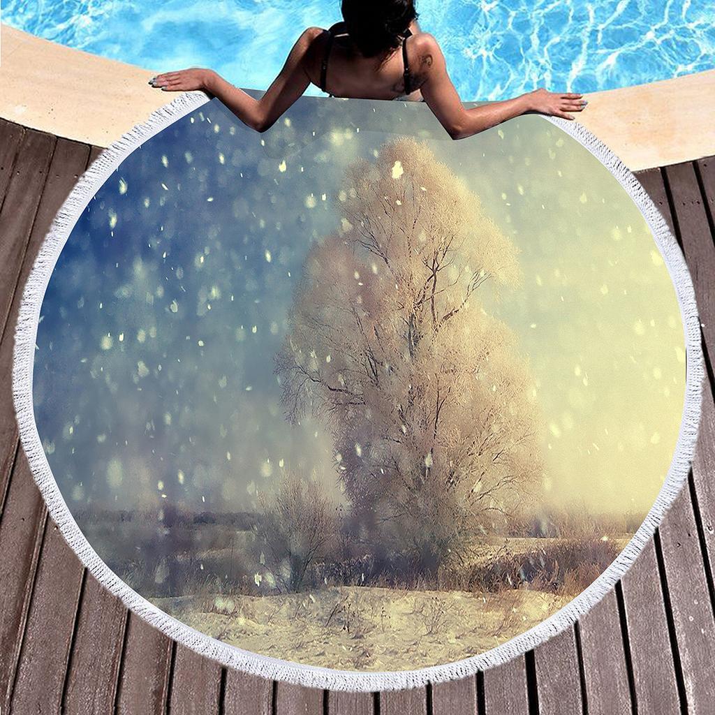 Winter Snow Scene Fantasy Tree Round Beach Towel Polyester Sand Resistant Shawl Beach Blankets, Quick Dry Pool Towels Picnic Mat