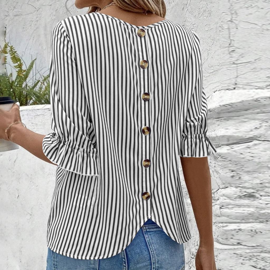 Women's Fashionable Striped Button Design Shirt Top