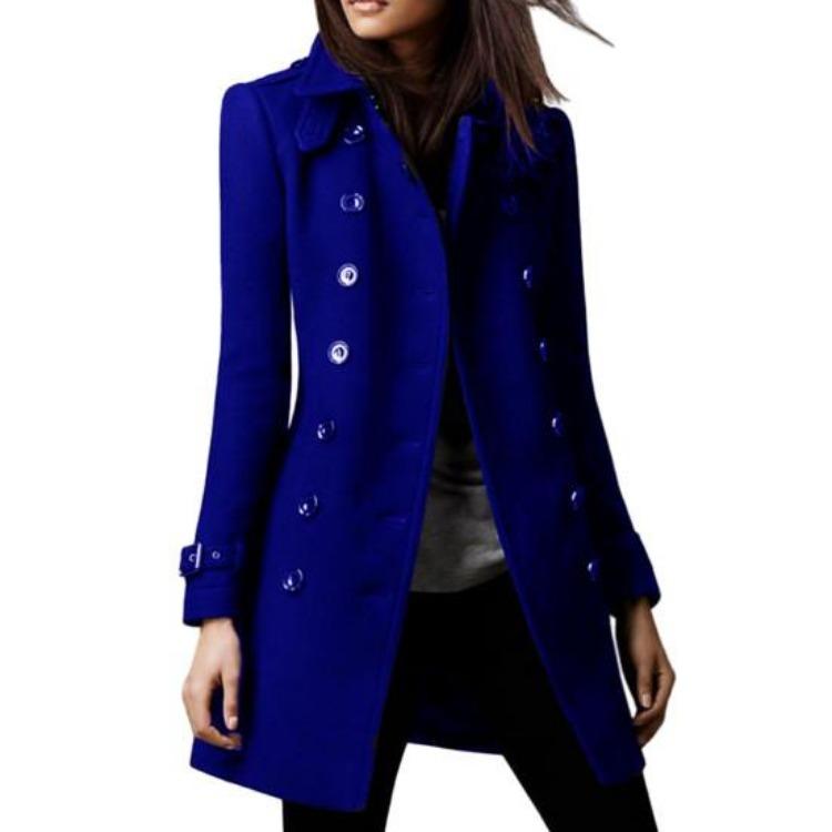 Women Double Breasted Woolen Coat Mid Length Solid Color Lapel Long Sleeve Streetwear Suit Jacket Autumn Winter