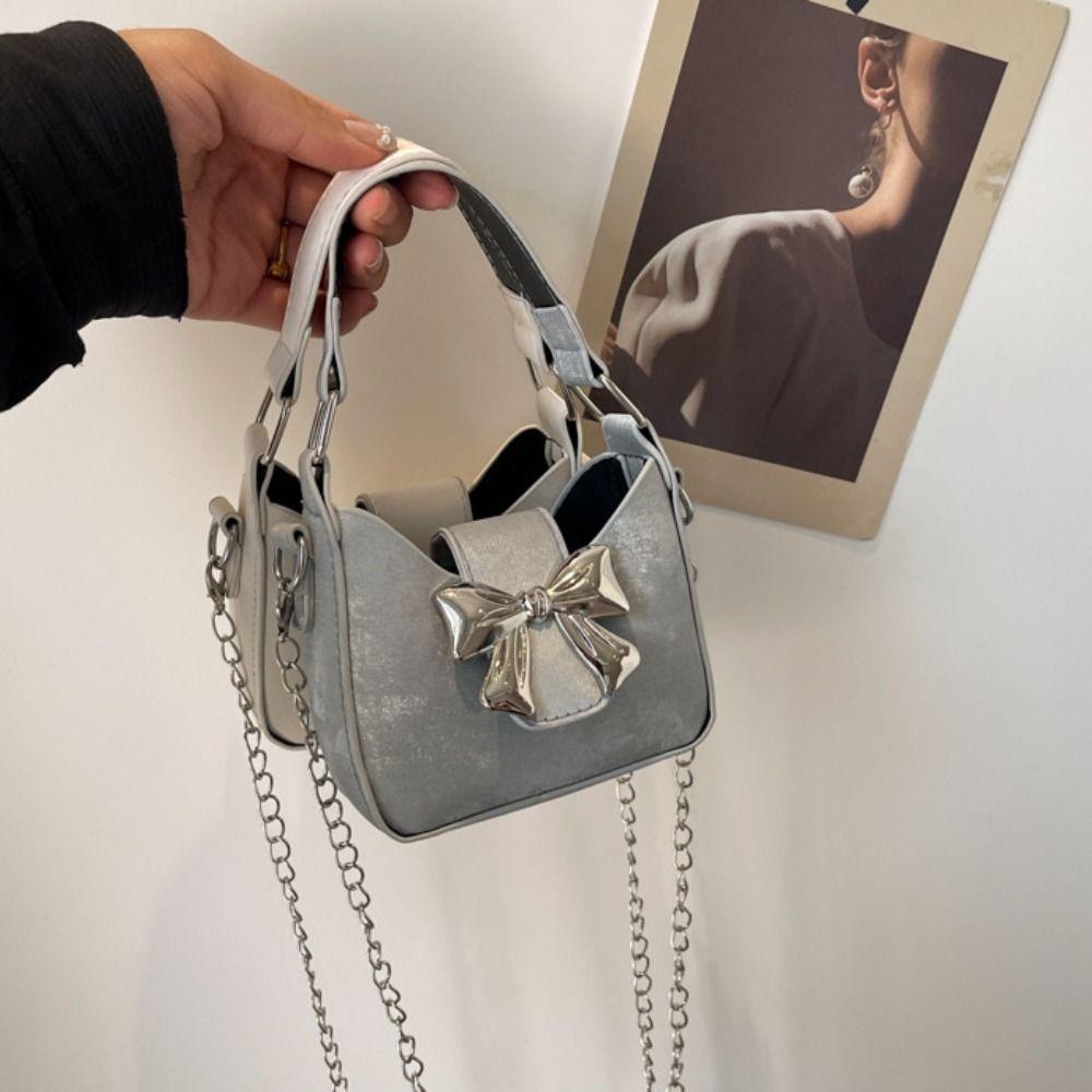 Mini Bow Buckle PU Bag Pu Leather Women's Shoulder Bag Cute Silver Bucket Bag Storage Phone