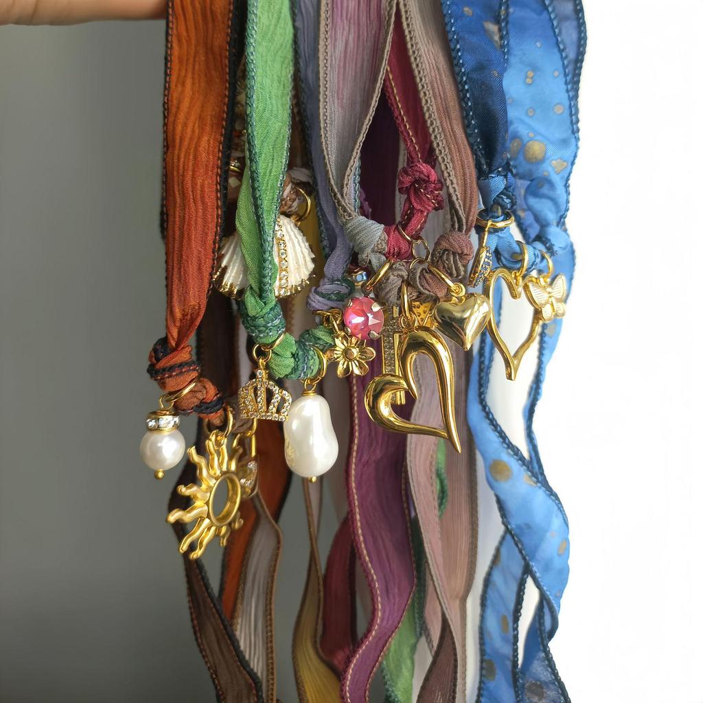 Niche Steel Heart Necklace & Shell Pendant with Platform Heel & Narrow Silk Scarf