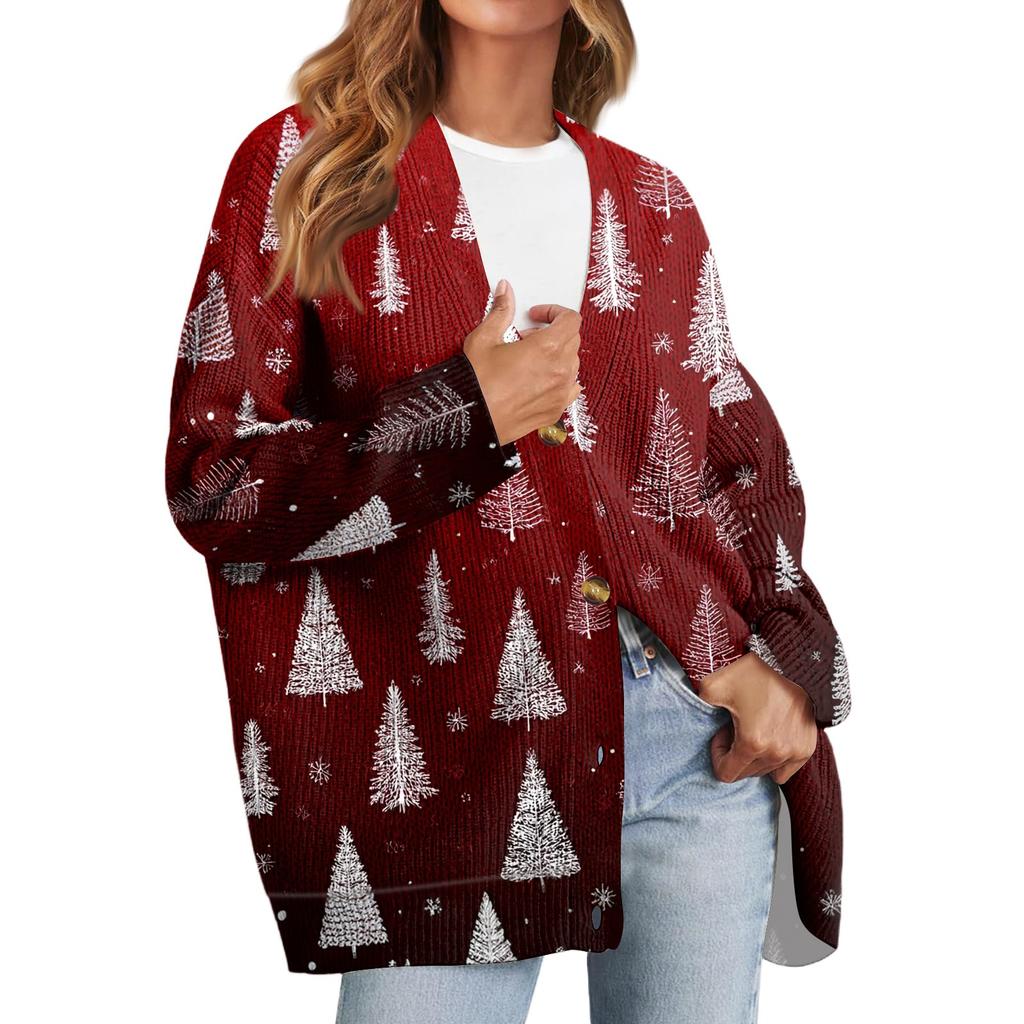 Women's Fashion Long Sleeve Christmas Print V-Neck Button Loose Cardigan Top