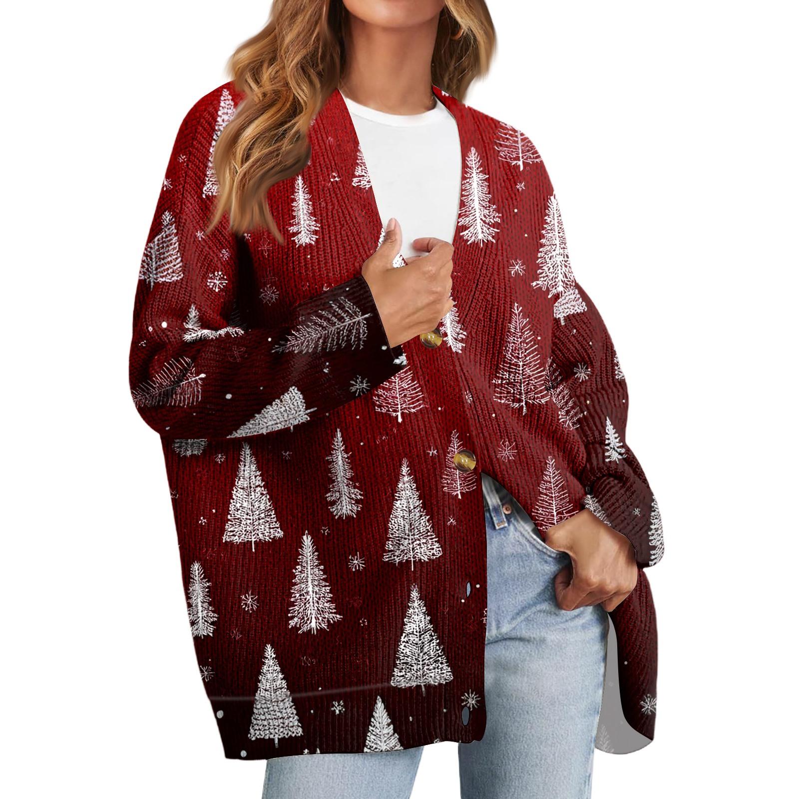 

Women s Fashion Long Sleeve Christmas Print V-Neck Button Loose Cardigan Top XL винный