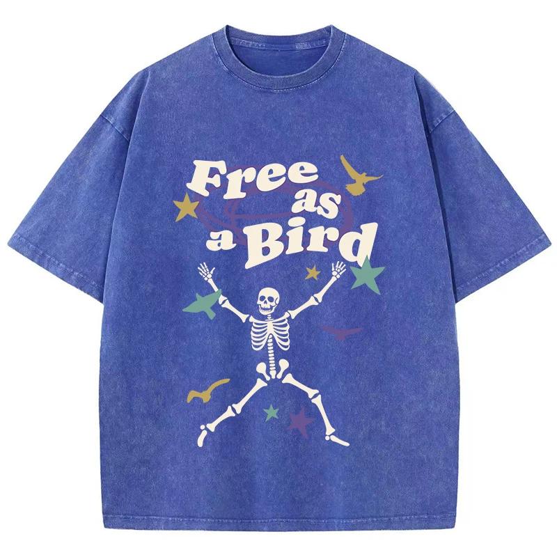 Street Women Washed T-Shirts Free As Bird Skeleton Man Printed Tee Shirts Comfortable Cotton Oversize Tees Summer Clothes