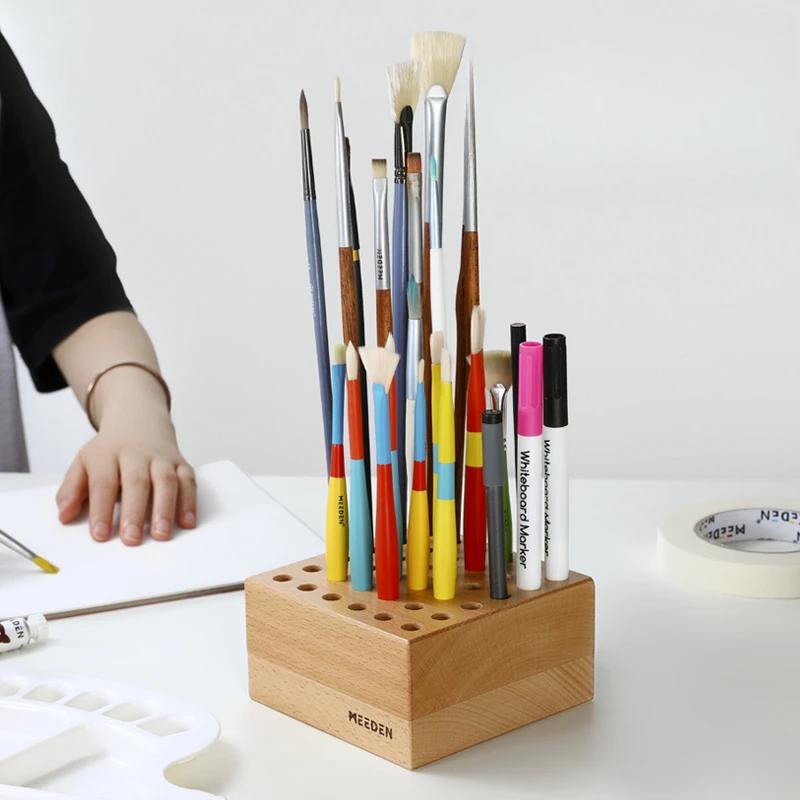 Wood Multi-Purpose Brush Holder for Calligraphy & Painting Compartments Art Supply Storage for Students Artists Modern Pen Stand