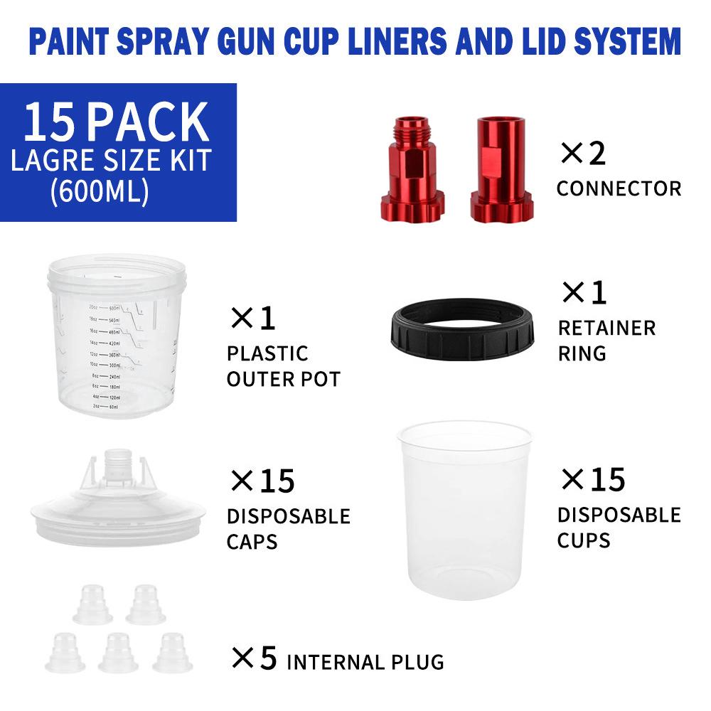 15Pcs Spray Gun Paint Mixing Cup H/O Type Quick Cup Spray Gun Tank 600ML Disposable Paint Cup with M16 Spray Gun Cup Adapter