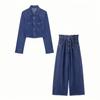 2025 Spring Women's Denim Shirt with Belt and Pleated Long Pants Set