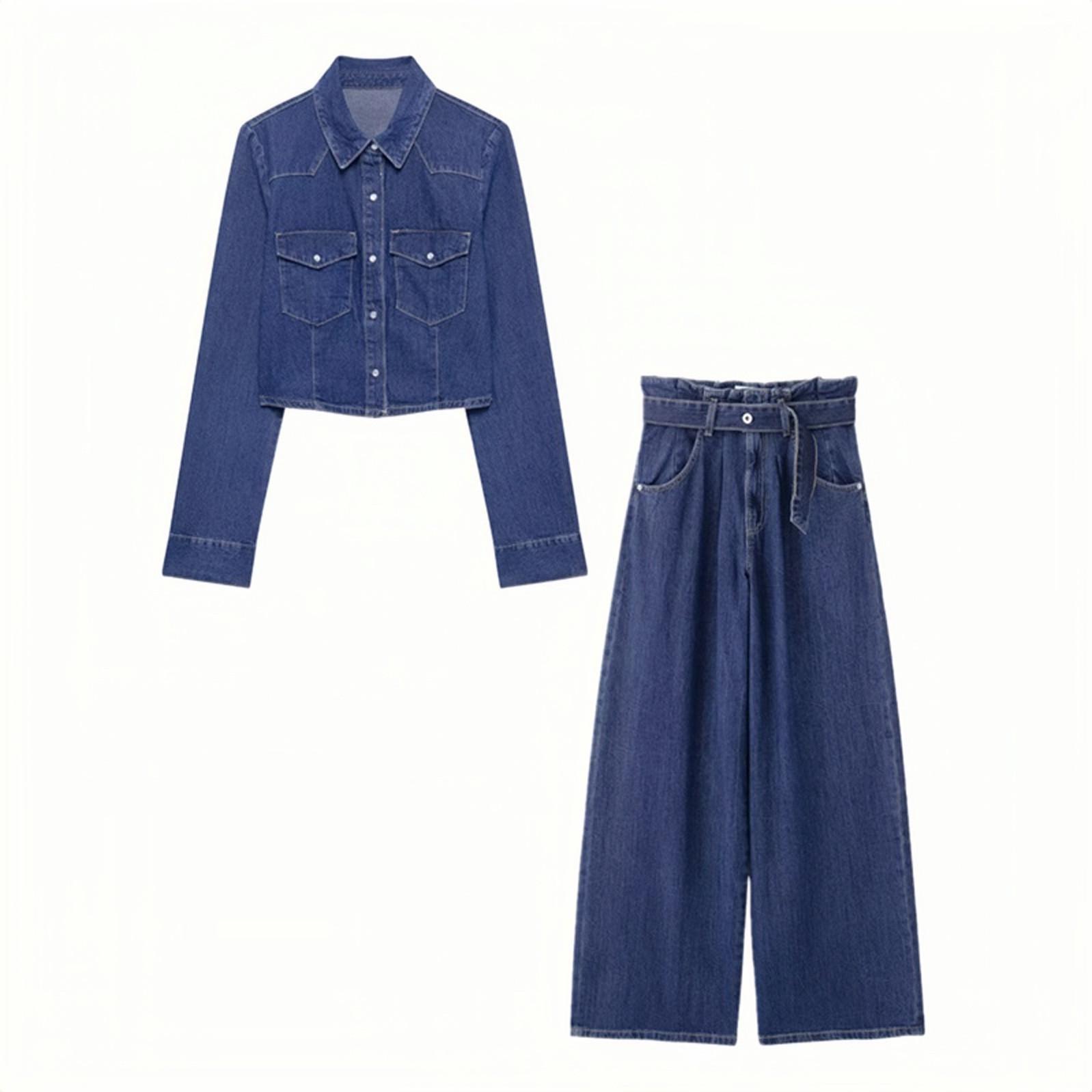 

2025 Spring Women s Denim Shirt with Belt and Pleated Long Pants Set Medium