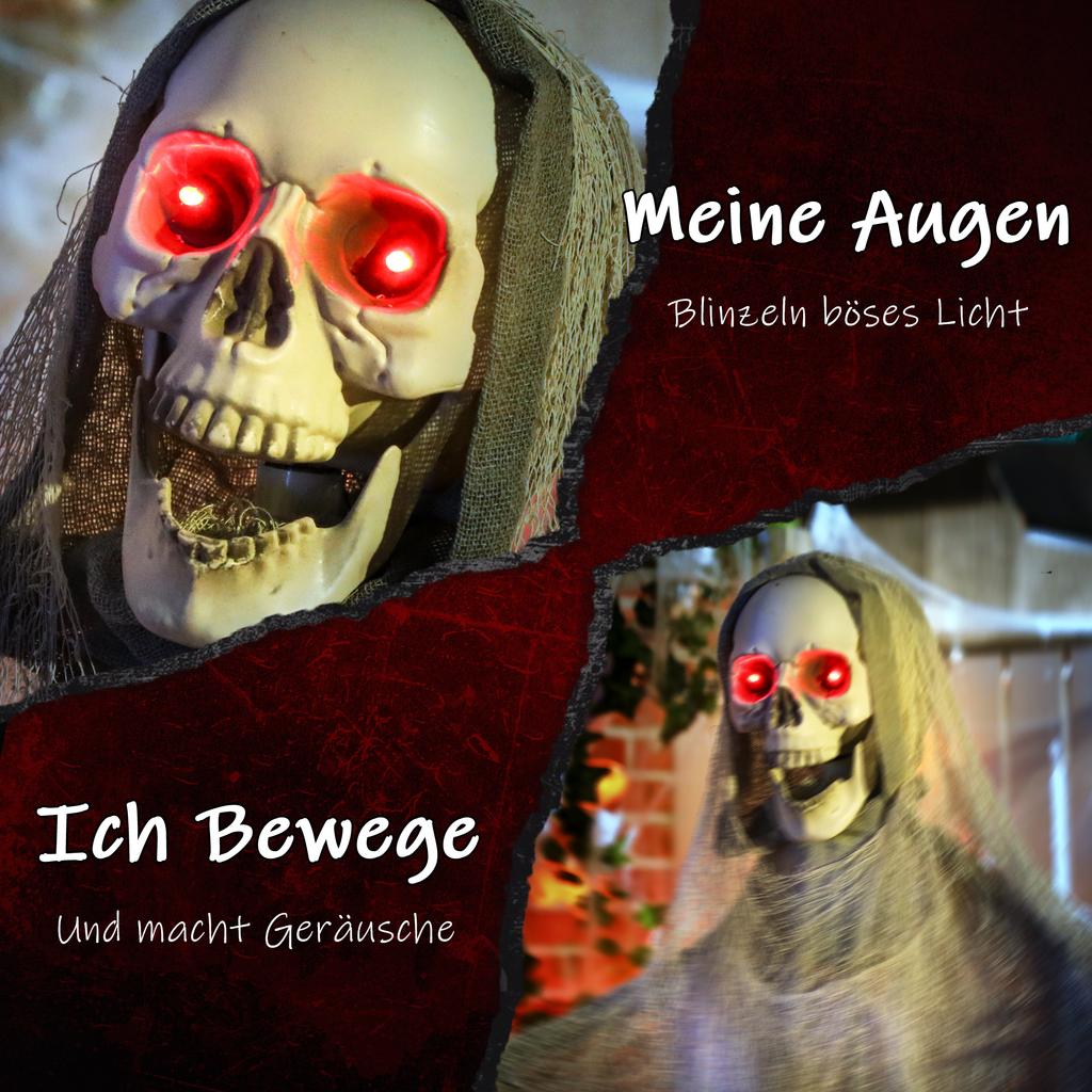 183 cm Levensgroot Halloween Geanimeerd Skelet Doodskop met Gloeiende LED Ogen, Enge Halloween Decoraties, Werkt op Batterijen, Binnenfeest Attributen