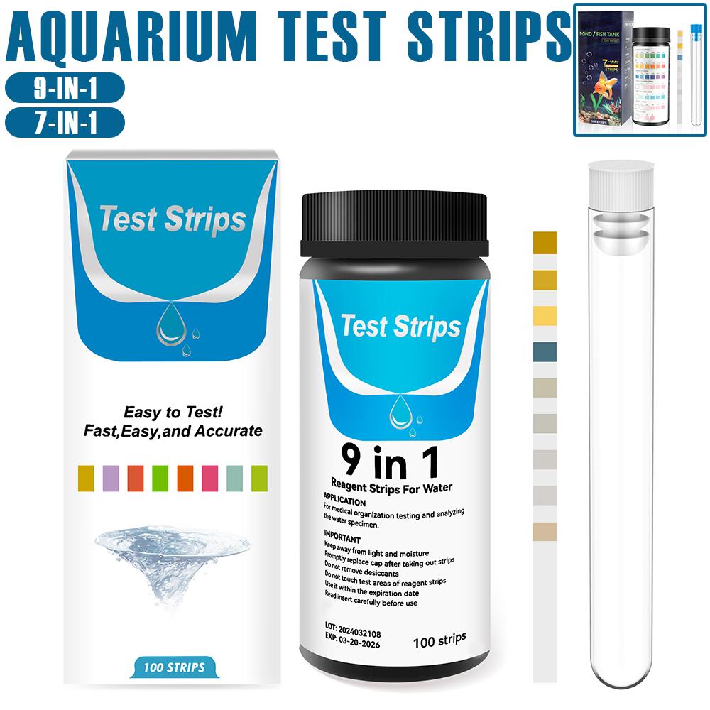 100 Stück 9-IN-1/7-IN-1 Aquarium Teststreifen Schnell Genaue Aquarium Testkit mit Reagenzglas Wasserqualitätsmonitor pH-Teststreifen