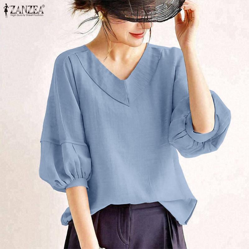 ZANZEA Women Casual V-Neck Solid Color 3/4 Sleeve Blouse
