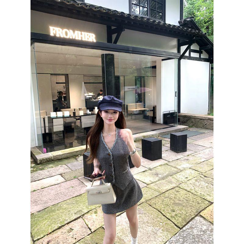 Kumikumi Graceful Set Gray Single Breasted Vest Vest Women clothes Summer Sheath Skirt Two-piece Set