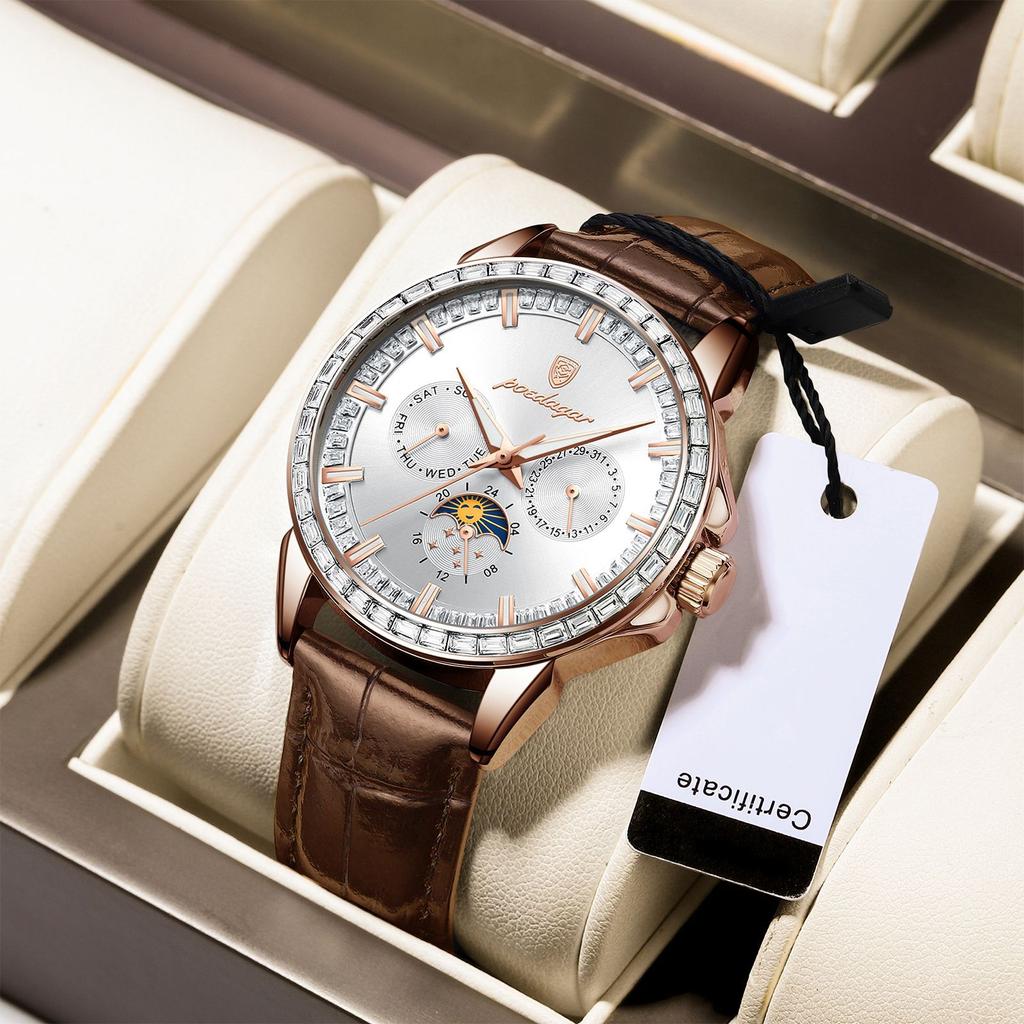 Herren-Quarzuhr mit Diamantenbesatz, Drei-Augen-Sechs-Zeiger-Mondphasen-Zifferblatt, Wasserdichte Herrenuhr mit Leuchtzeigern für Business und Freizeit, Geschenk für die Feiertage