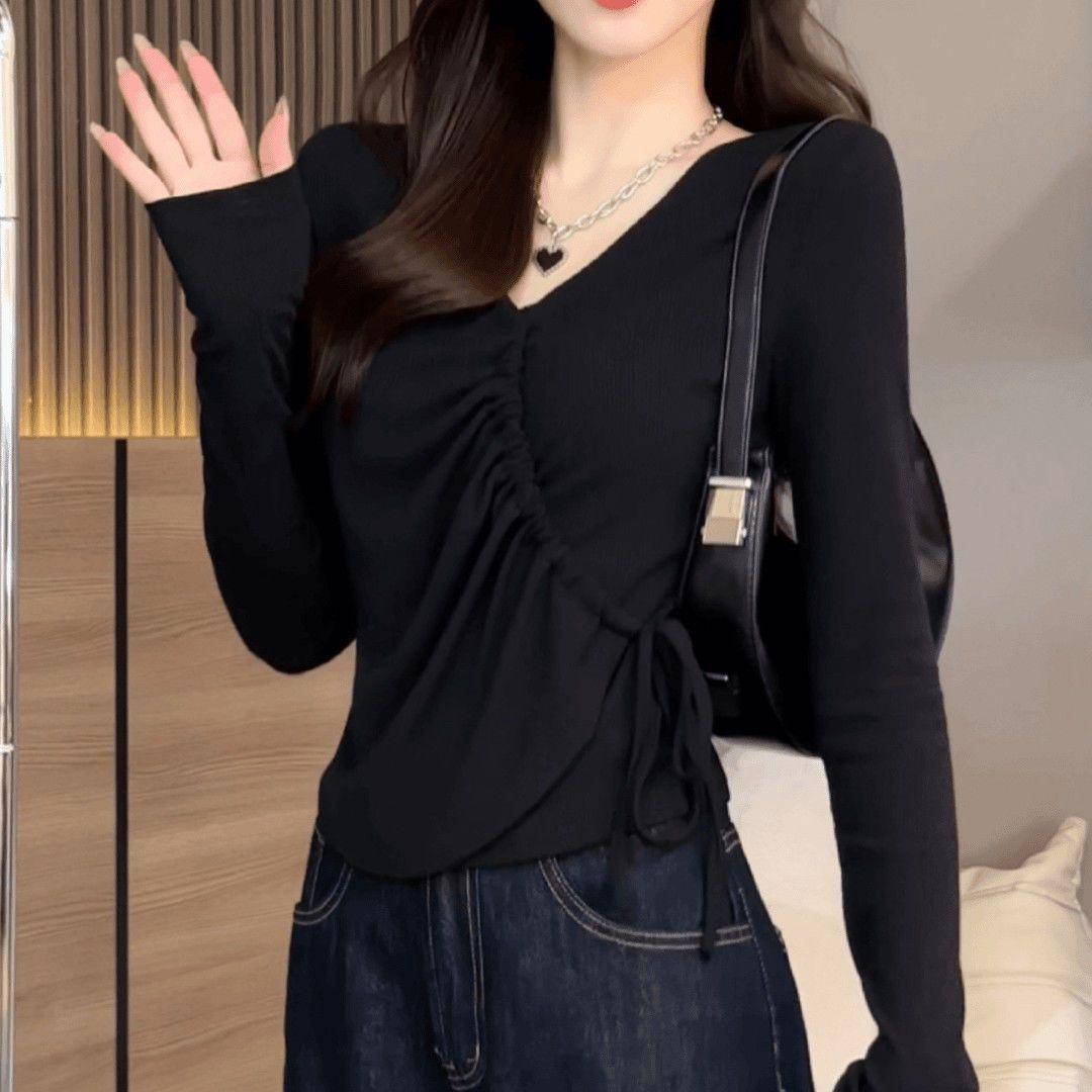 

Plus Size Korean V-Neck Drawstring Long Sleeve Irregular T-shirt - Solid Color Slim Fit Trendy Autumn Top for Women 4XL чорний