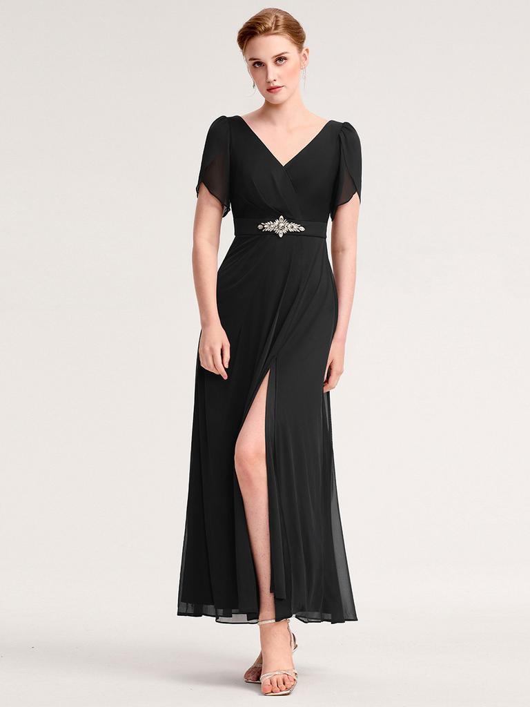 Ever-Pretty Women's Rhinestone Embellished Chiffon Ruffle Sleeve V-Neck Maxi Formal Evening Dresses