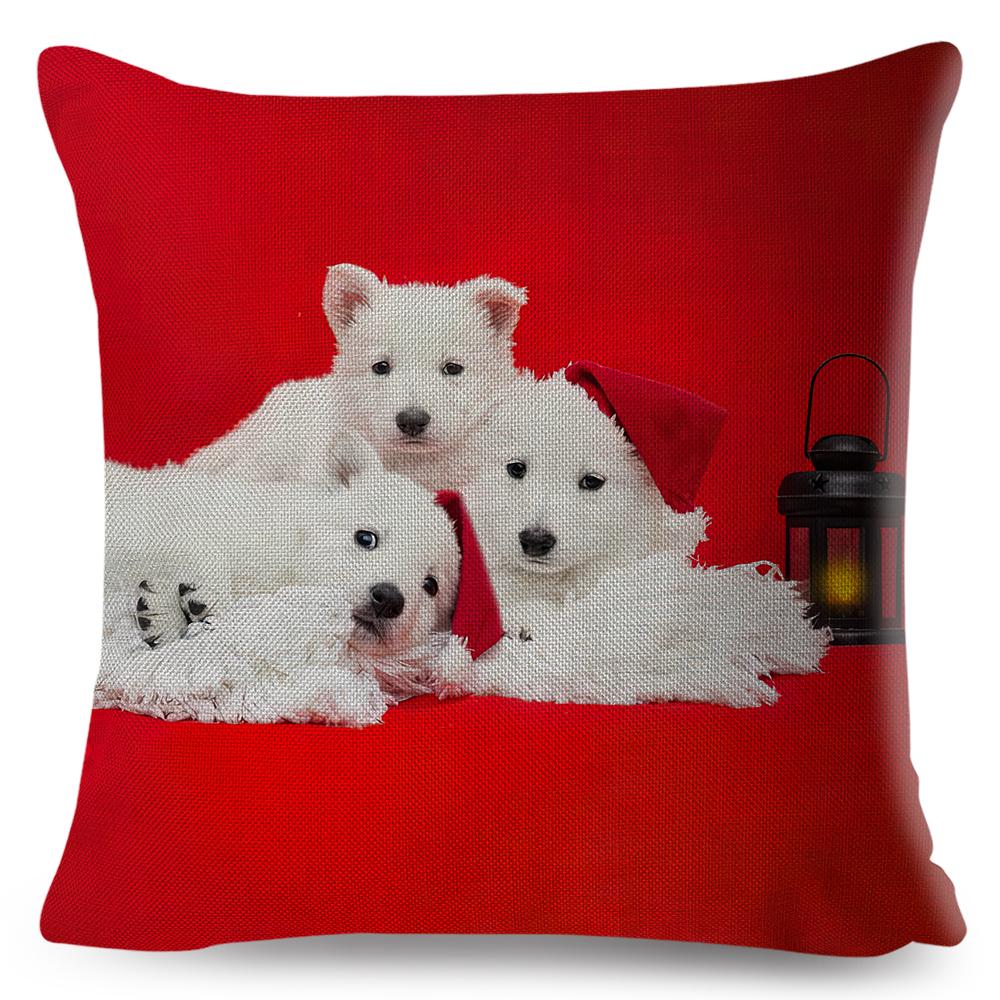 Holiday Puppy Cushion Cover Merry Christmas New Year Design Soft Linen Blend Home Decor Pillow Case