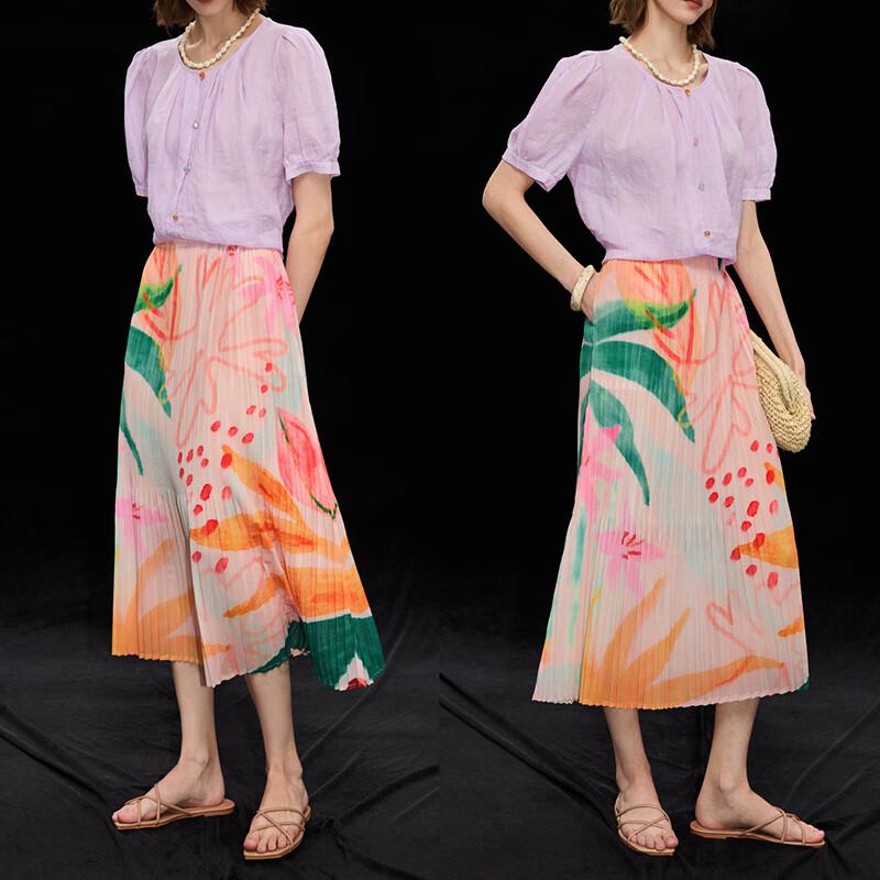 Wudao French Style Pleated Floral Midi Skirt One Size