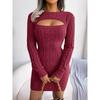 Women Sexy Hollow Out High Waist Long Sleeve Slim Bodycon Sweater Mini Dress