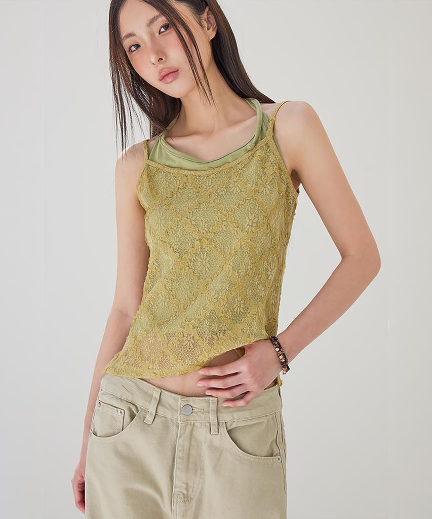 Leondeondada Floral Lace Layered Tank Top, Olive