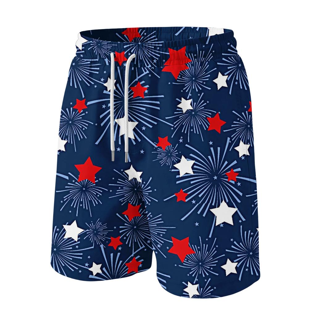 Men's Drawstring Waist Casual Shorts with Star Stripe Print Loose Fit Elastic Waistband and Side Pockets for Daily Wear