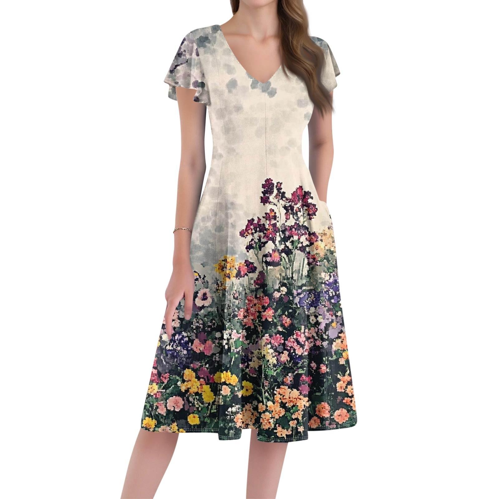 

Женское свободное повседневное и модное платье миди с V-образным вырезом и короткими рукавами с принтом S хаки