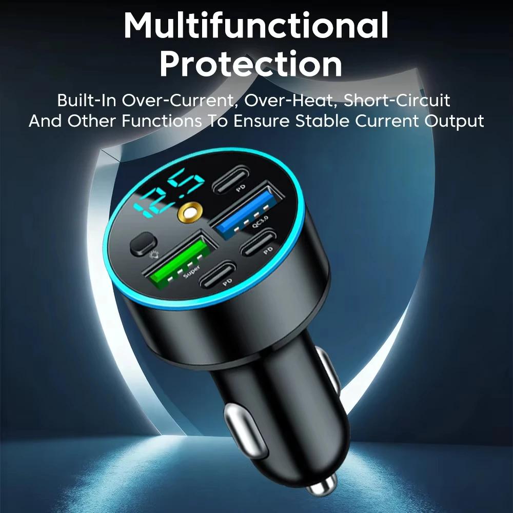 66W 5-Port Car Charger PD QC3.0 Fast Charging Car Cigarette Lighter Adapter with Digital Voltage Display, Star Laser Projector & RGB Ambient Light