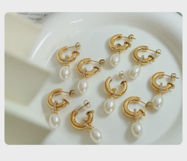 Baroque Pearl C-Shaped Titanium Earrings for Girls - Non-Fading, European & American Style