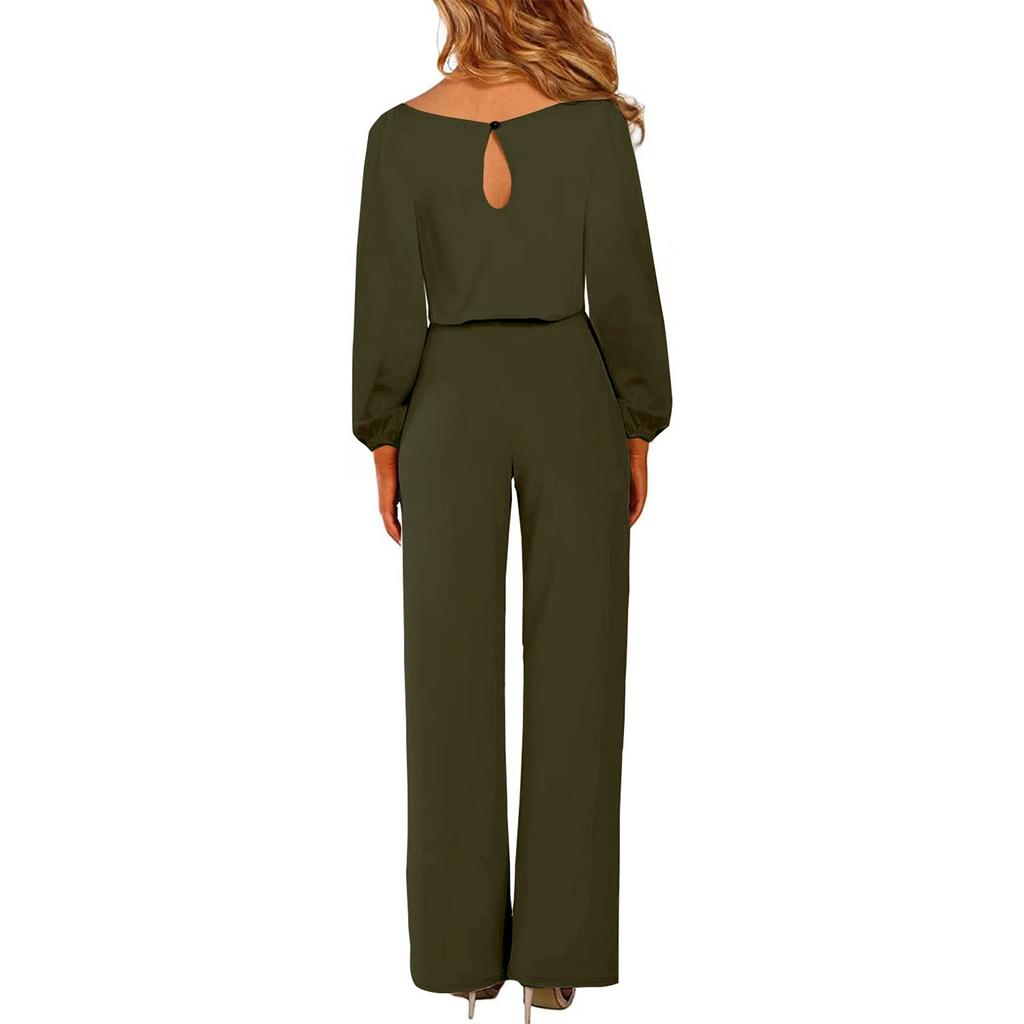 Women's Casual Fashion Round Neck Long Sleeved High Waisted Matching Belt Jumpsuit