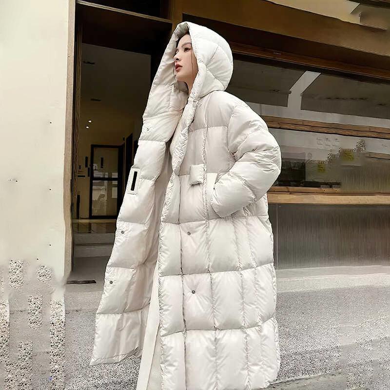 Suction buckle design long hooded white duck down jacket women's 2024 thickened winter warm jacket