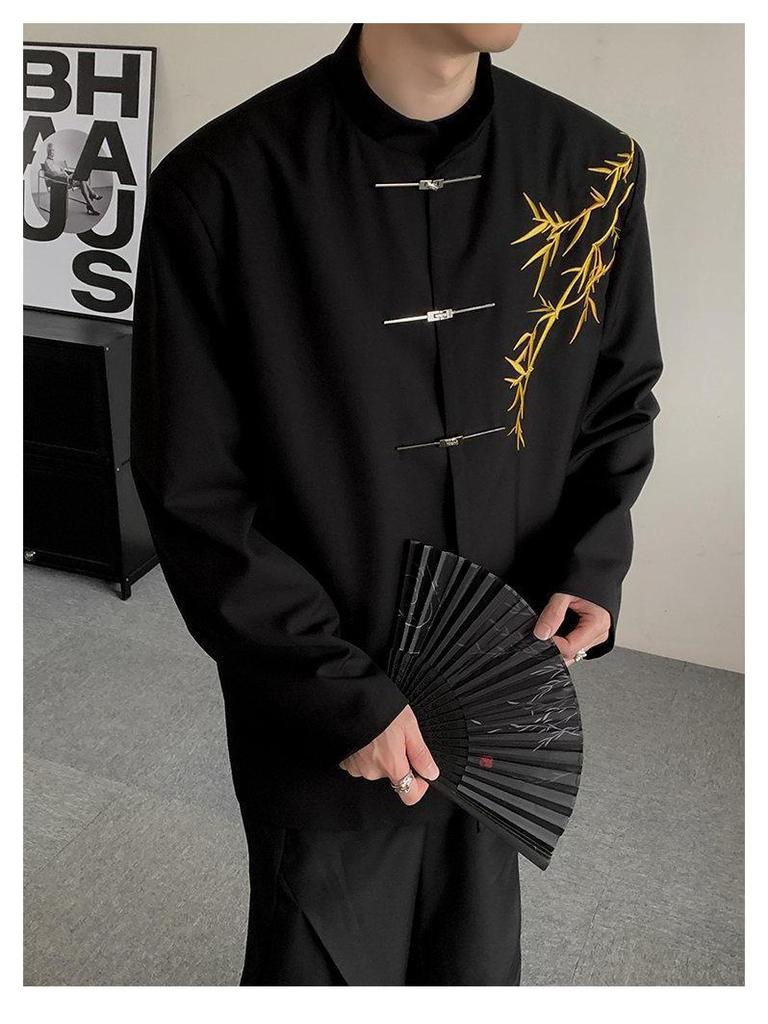 Men's Traditional Style Engagement Suit – Gold Bamboo Embroidered Zhongshan Outfit