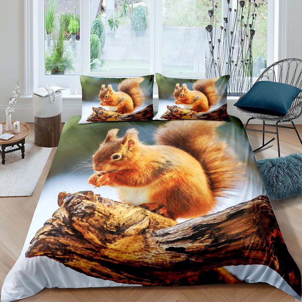 Cute Squirrel Duvet Cover Set Squirrel Bedding Sets 3D Animal Theme Comforter Cover For Boys GirlsNature Theme Quilt Cover Set